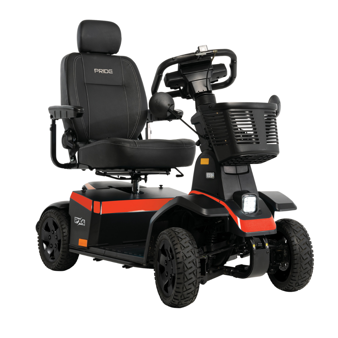 The Pride Mobility PX4 HD Bariatric Scooter offers comfortable personal transport with a padded seat, armrests, headrest, front basket, four large wheels, and an impressive 500 lb weight capacity.